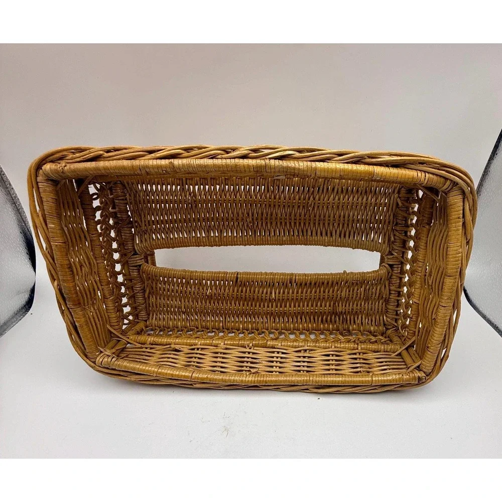 Vintage Rattan Vanity Set Mirror & Tissue Box Cover Coastal Boho Bathroom Decor